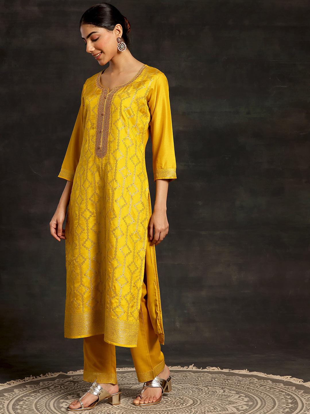 Mustard Woven Design Silk Blend Straight Suit With Dupatta - Libas 