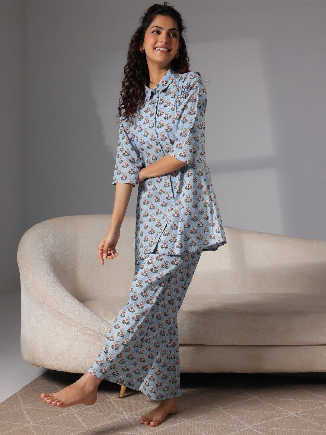 Blue Printed Cotton Night Suits - Libas