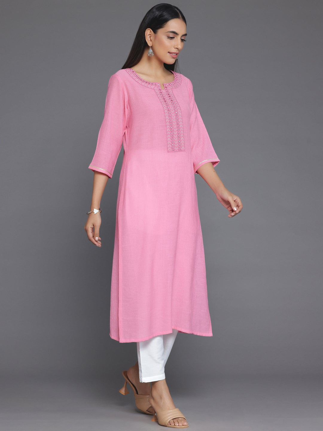 Pink Yoke Design Cotton Straight Kurta - Libas