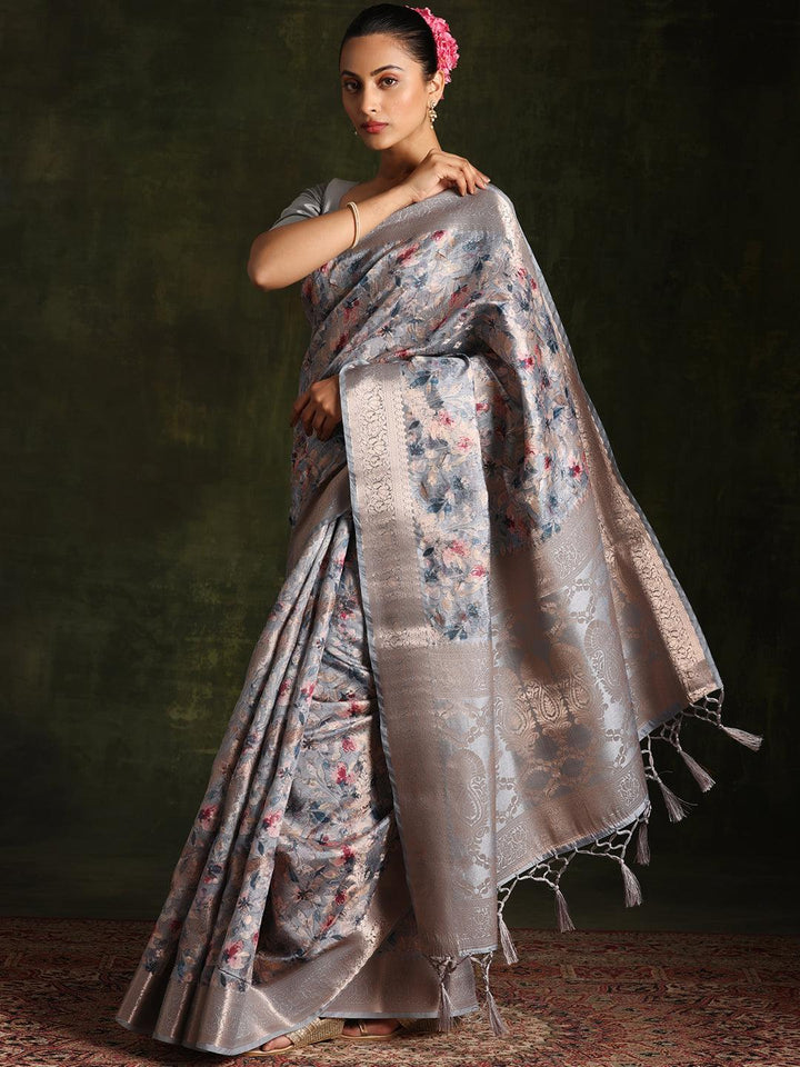 Grey Woven Design Brocade Saree With Unstitched Blouse Piece - Libas