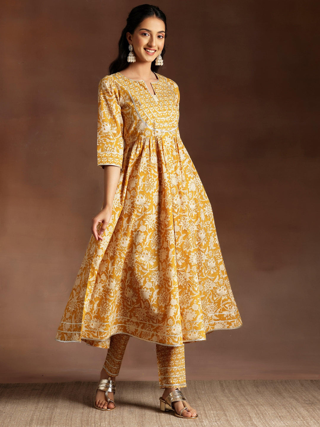 Mustard Printed Cotton Anarkali Suit With Dupatta - Libas