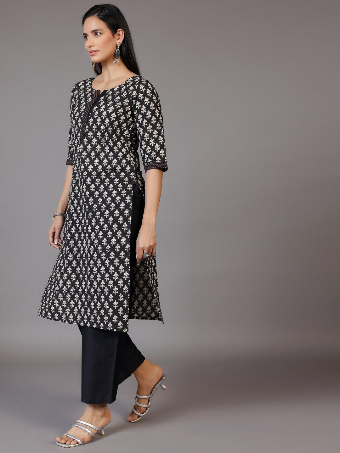 Black Printed Cotton Straight Kurta - Libas