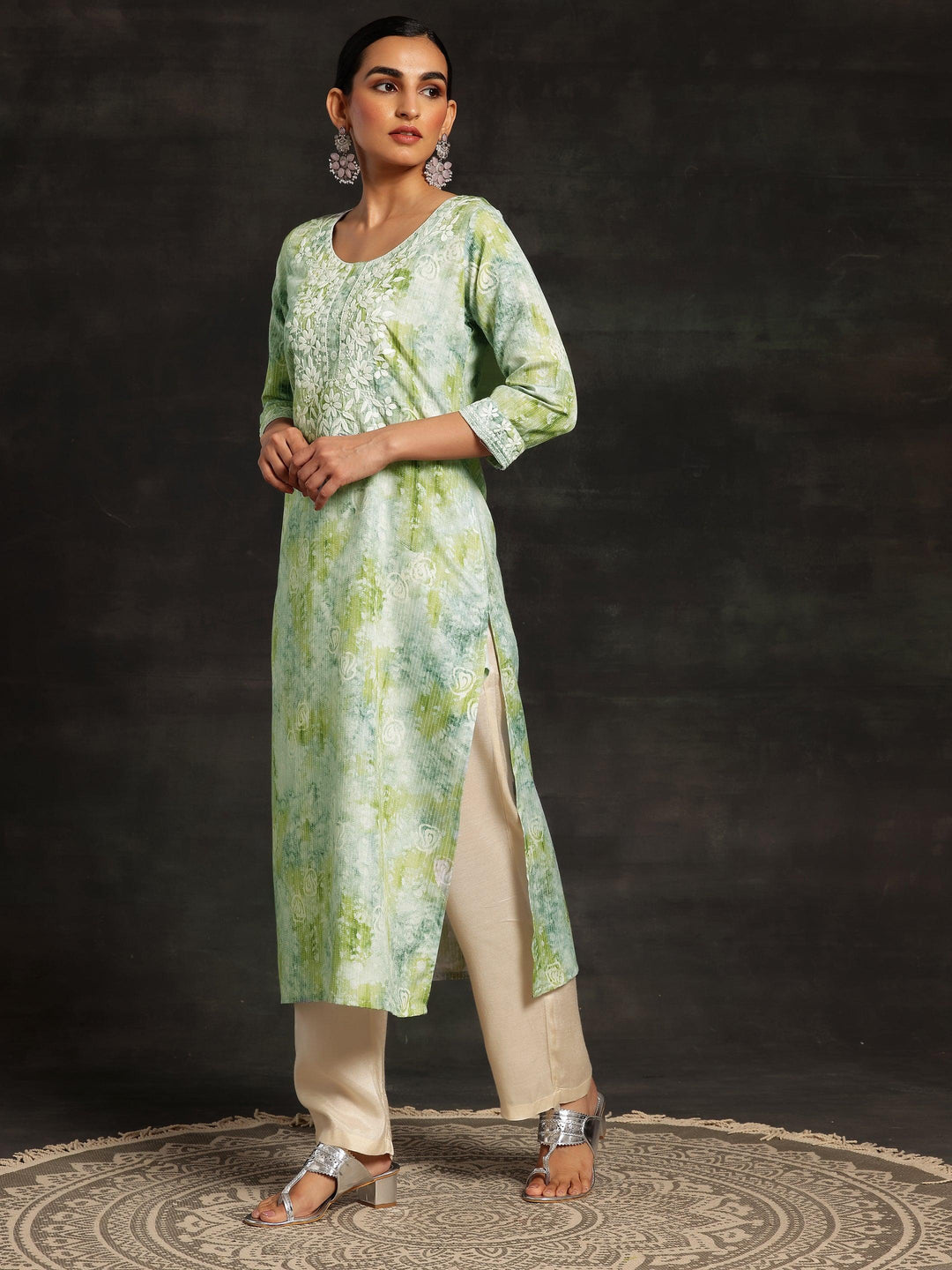 Green Printed Cotton Straight Kurta - Libas 