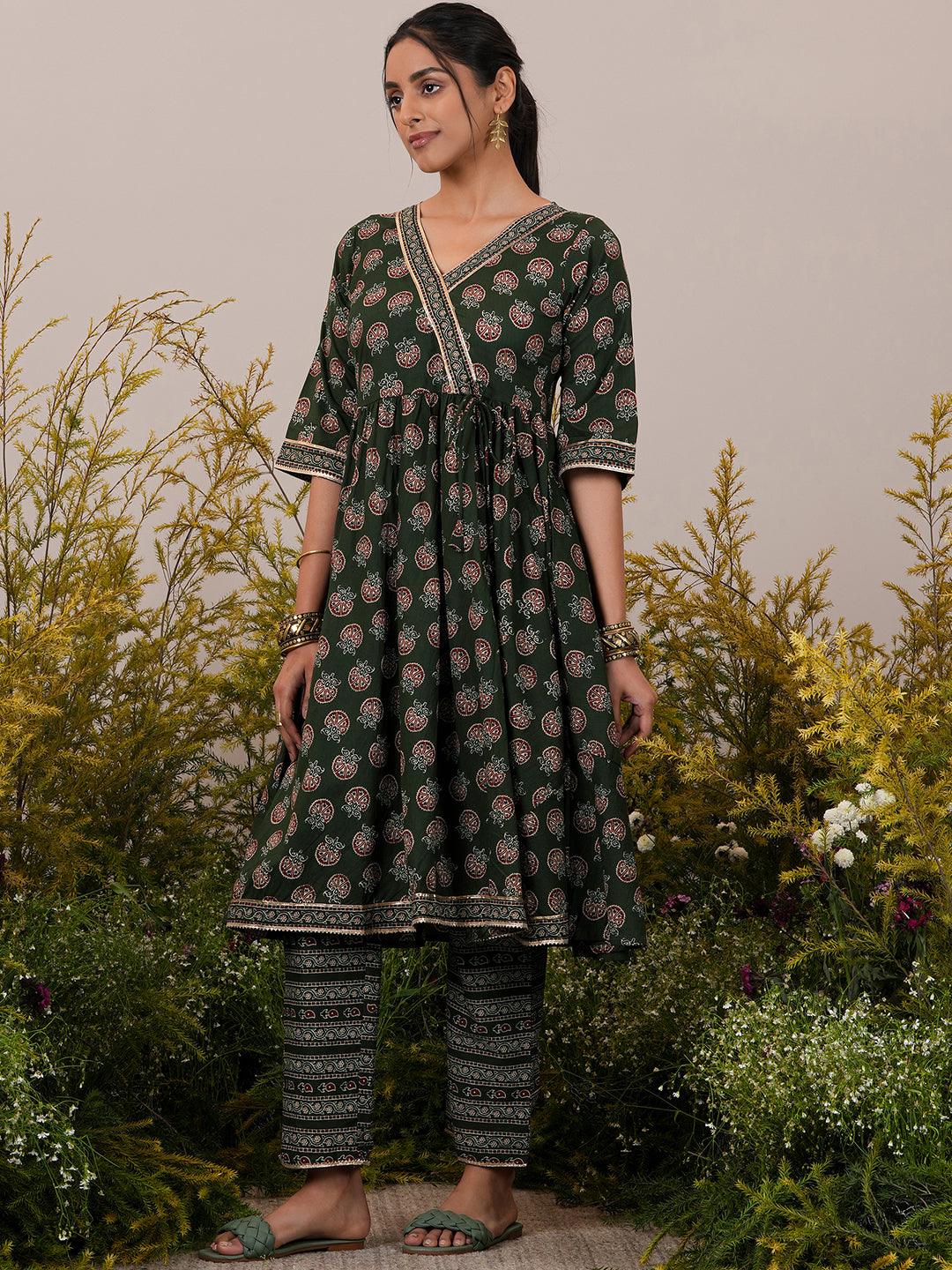 Green Printed Cotton Anarkali Suit With Dupatta - Libas