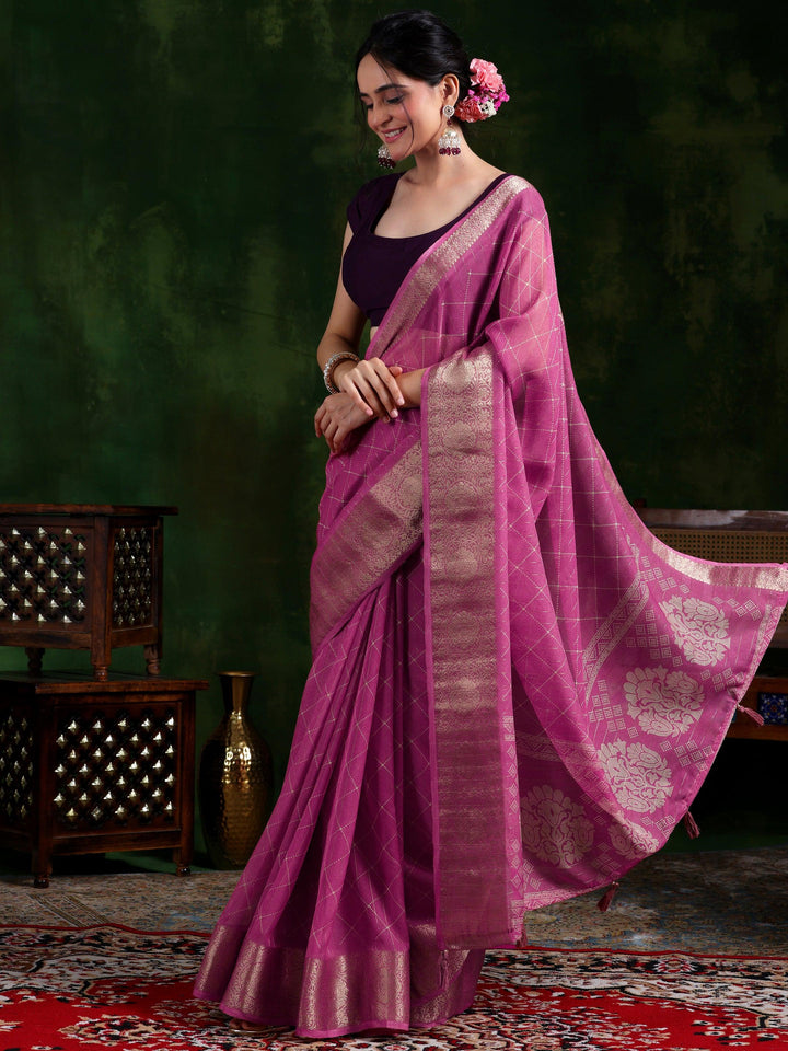 Pink Printed Silk Blend Saree With Unstitched Blouse Piece - Libas