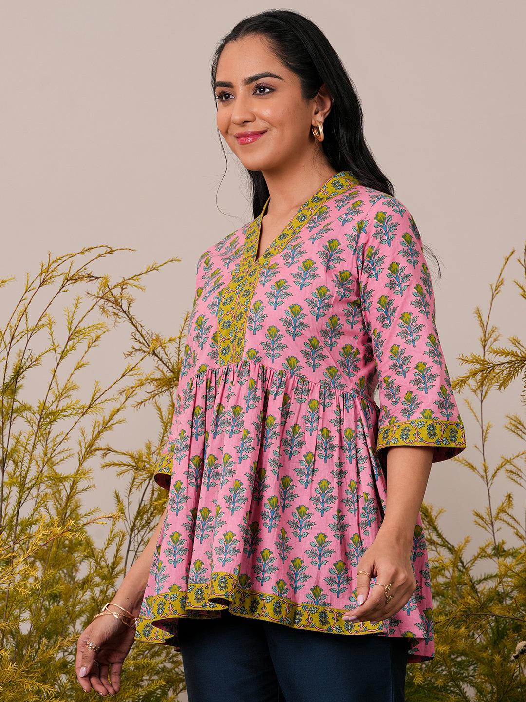 Pink Printed Cotton A-Line Kurti - Libas