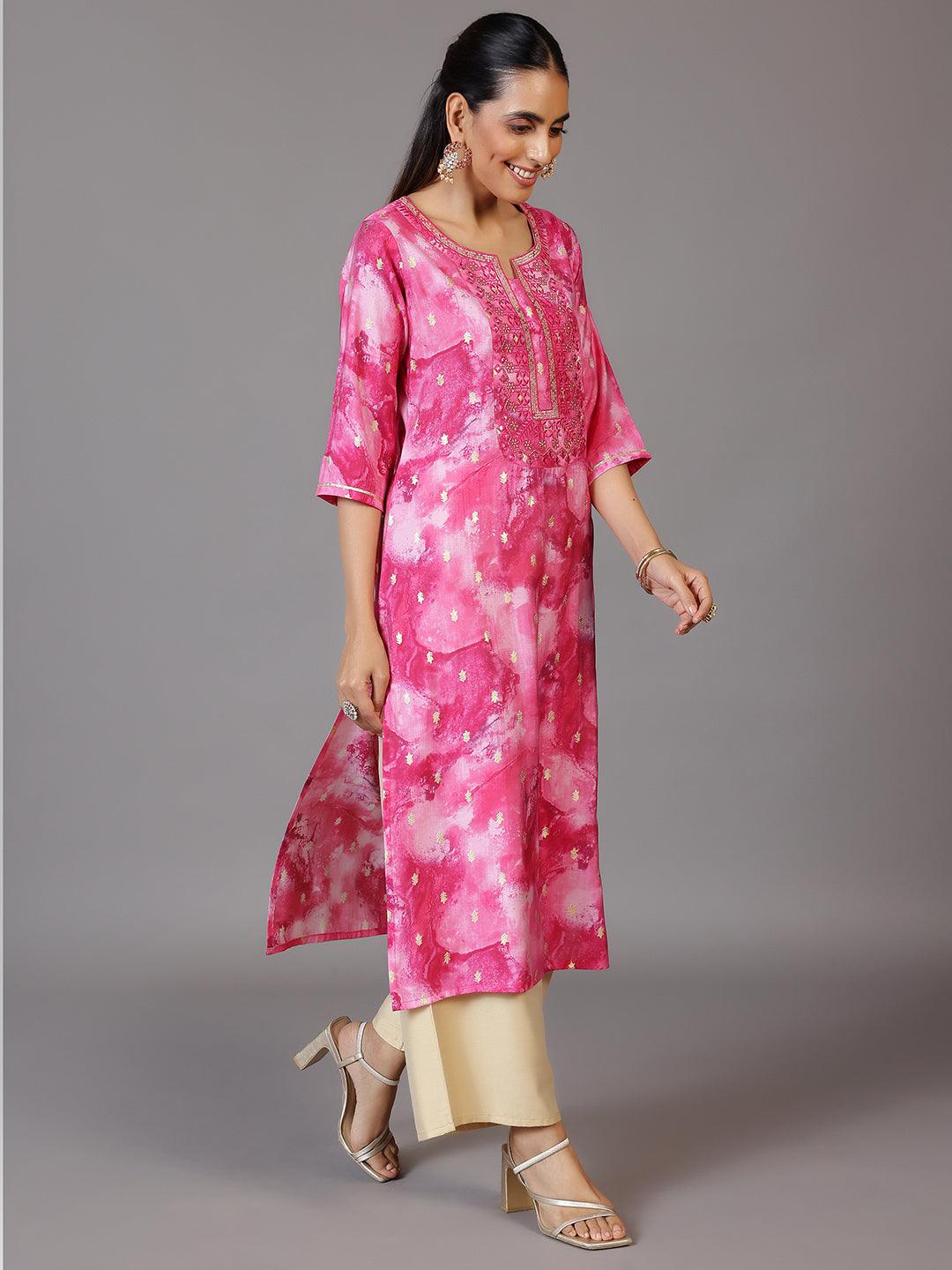 Pink Yoke Design Silk Straight Kurta - Libas