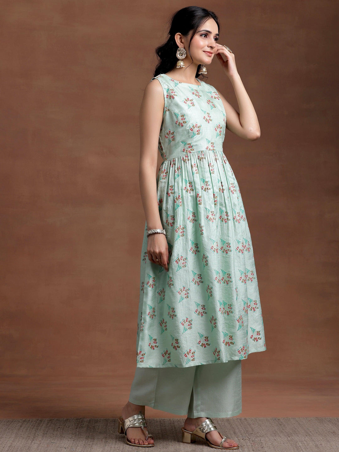 Sea green Printed Silk Blend A-Line Kurta With Palazzos & Dupatta - Libas