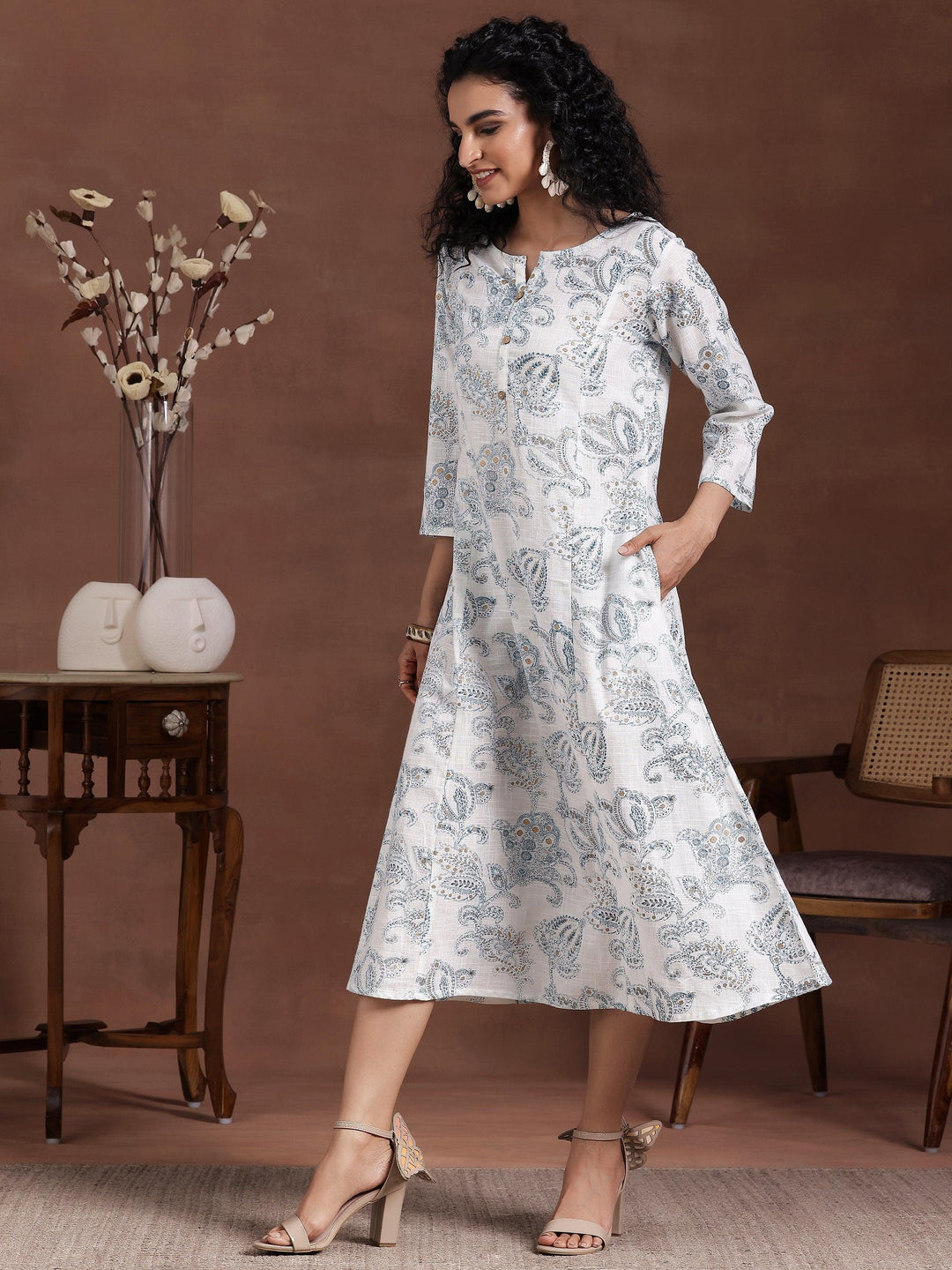 White Printed Cotton A-Line Dress - Libas 