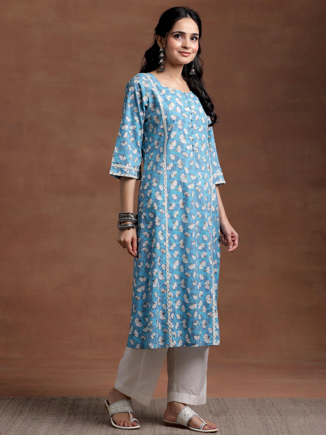 Blue Printed Cotton A-Line Kurta - Libas