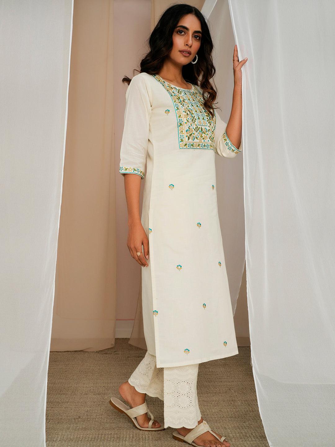 Off White Embroidered Cotton Straight Kurta - Libas 