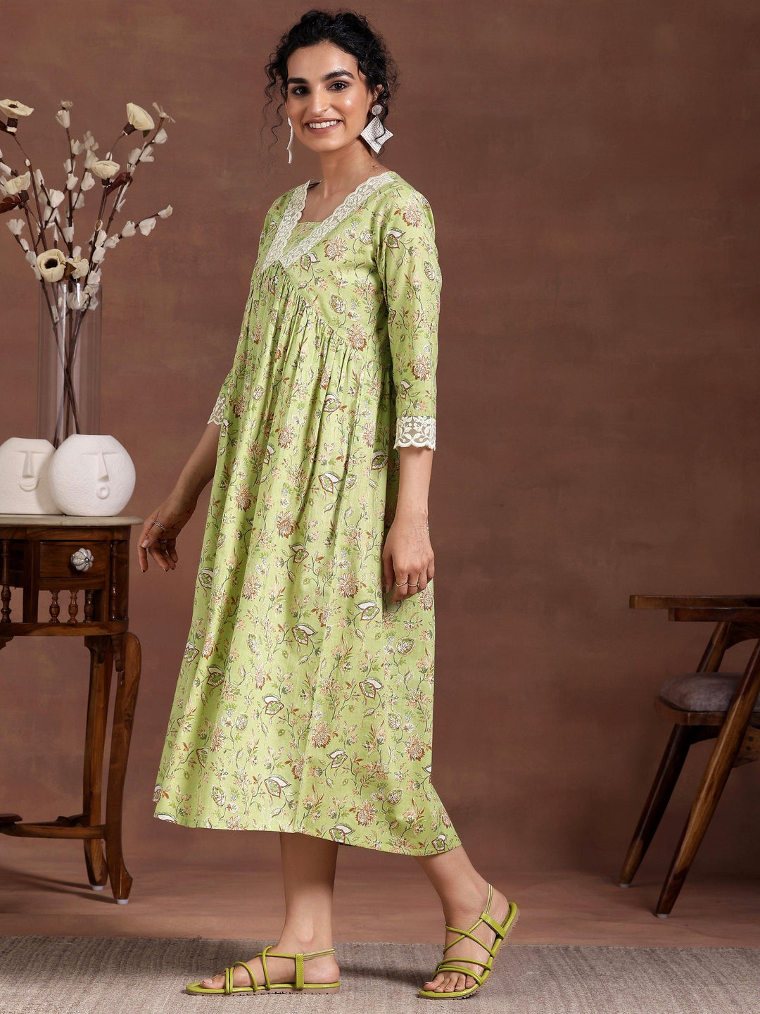 Green Printed Cotton Fit and Flare Dress - Libas 