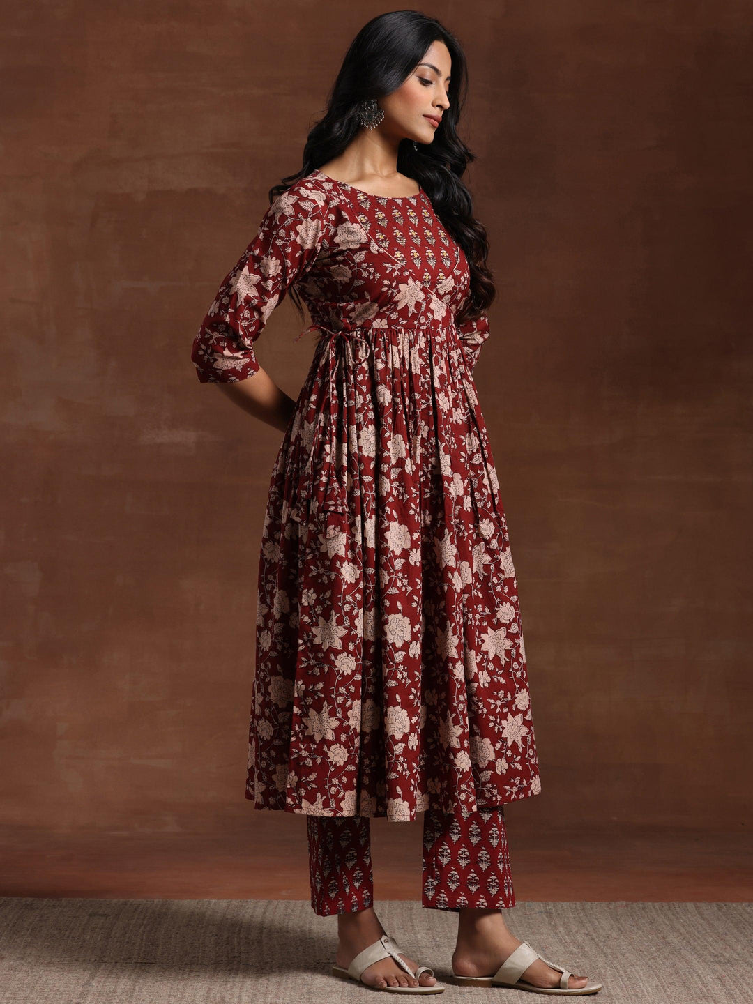 Maroon Printed Pure Cotton Anarkali Suit With Dupatta - Libas 