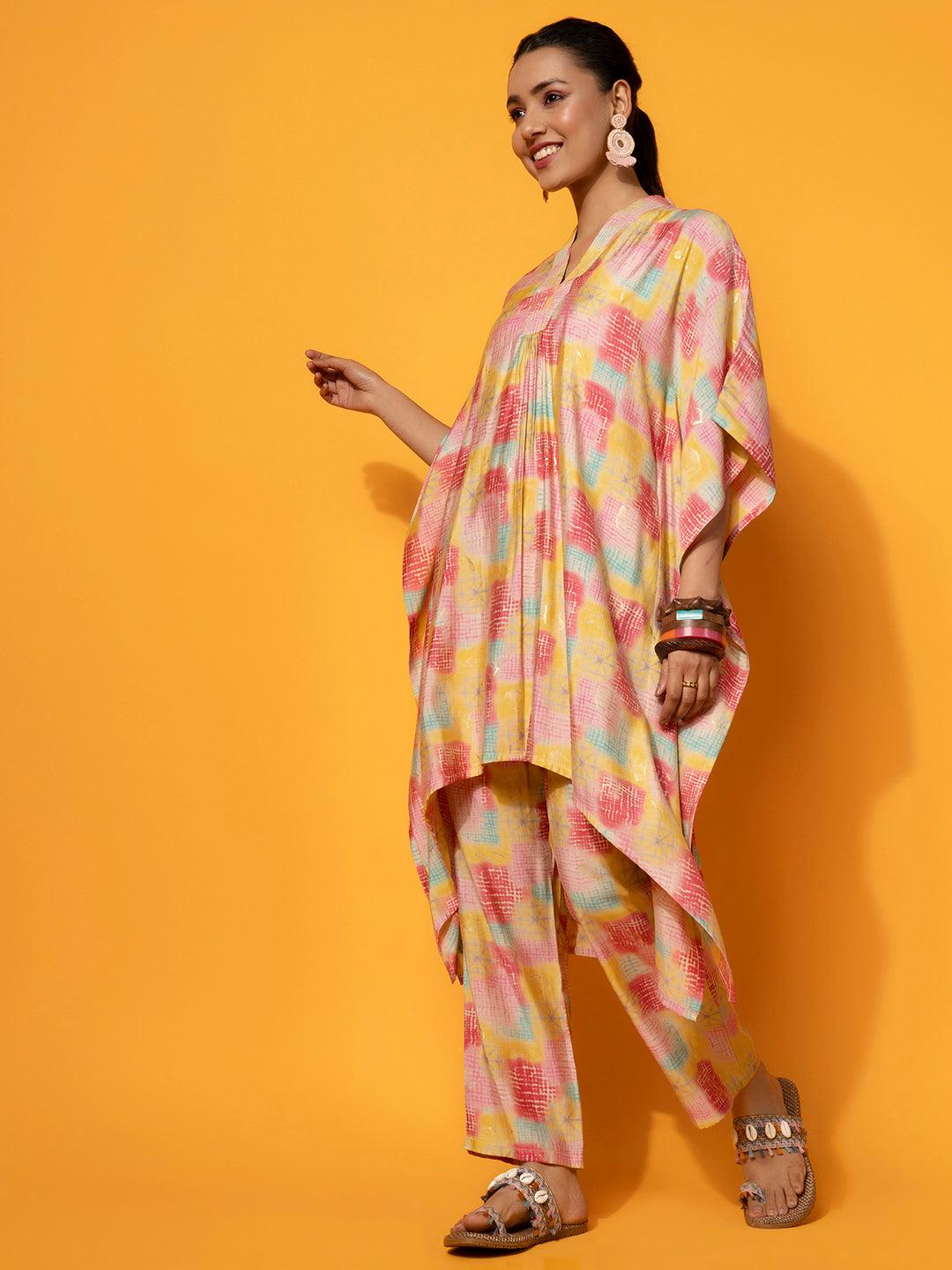 Yellow Printed Silk Blend Co-Ords - Libas 