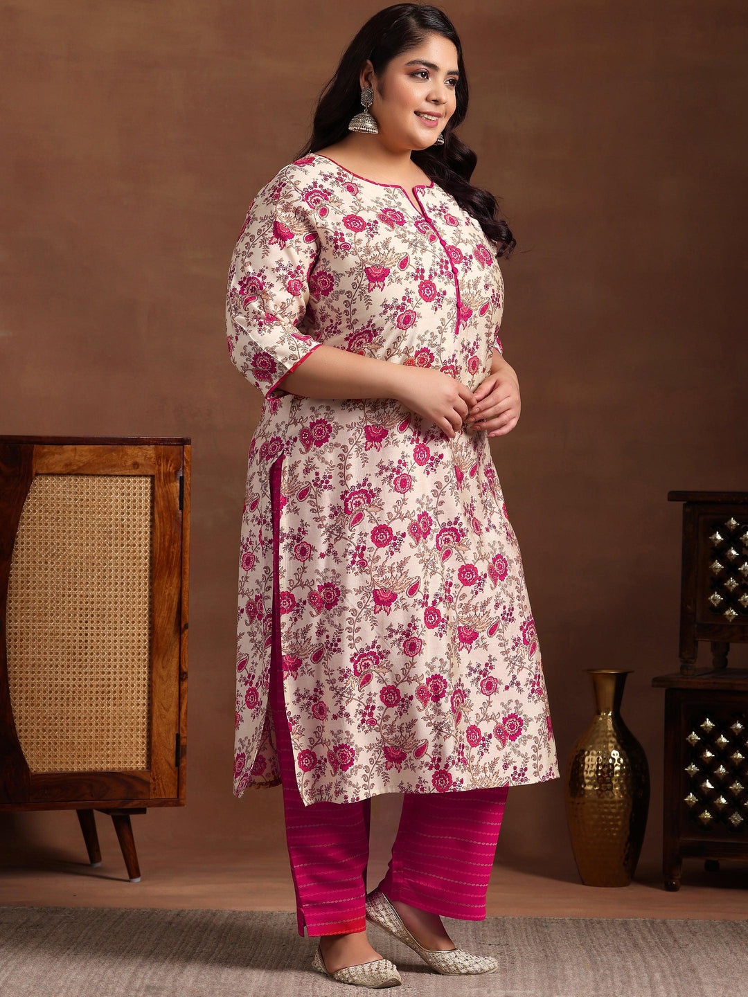 Plus Size Pink Printed Silk Blend Straight Suit With Dupatta - Libas 