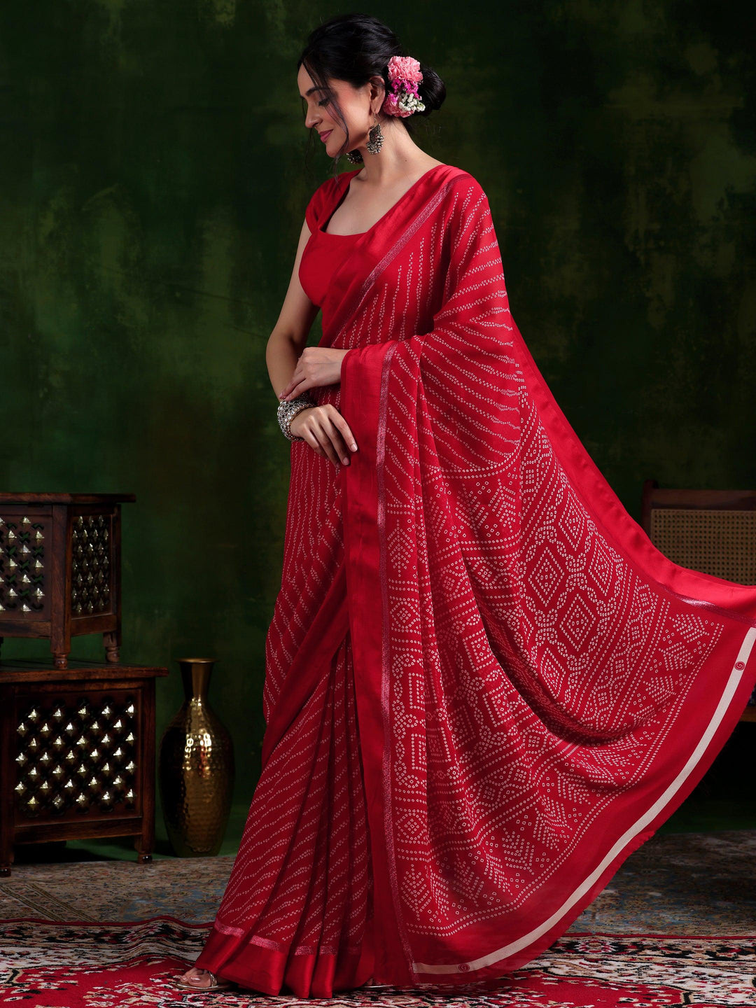 Red Printed Satin Saree With Unstitched Blouse Piece - Libas