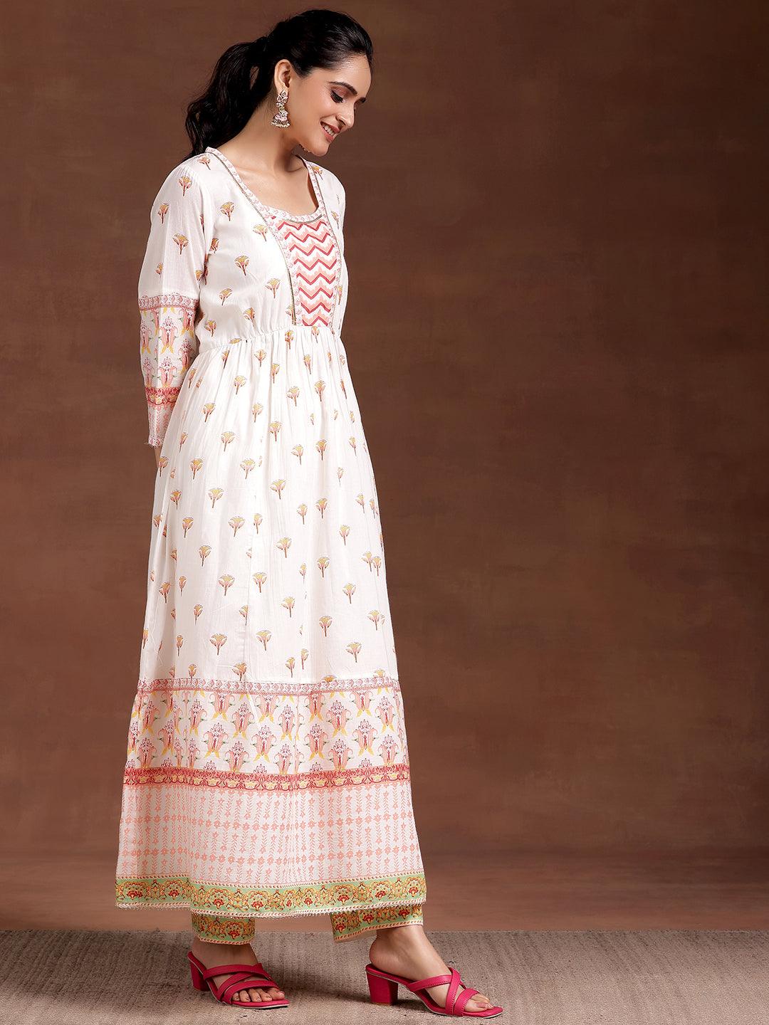 Off White Printed Cotton Anarkali Suit With Dupatta - Libas