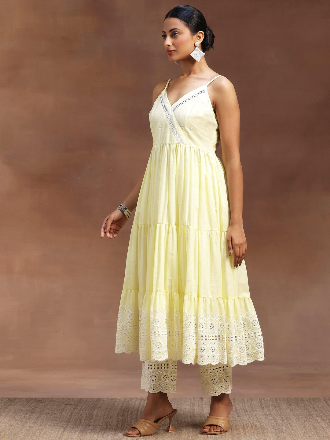 Yellow Self Design Cotton Anarkali Kurta With Trousers - Libas 