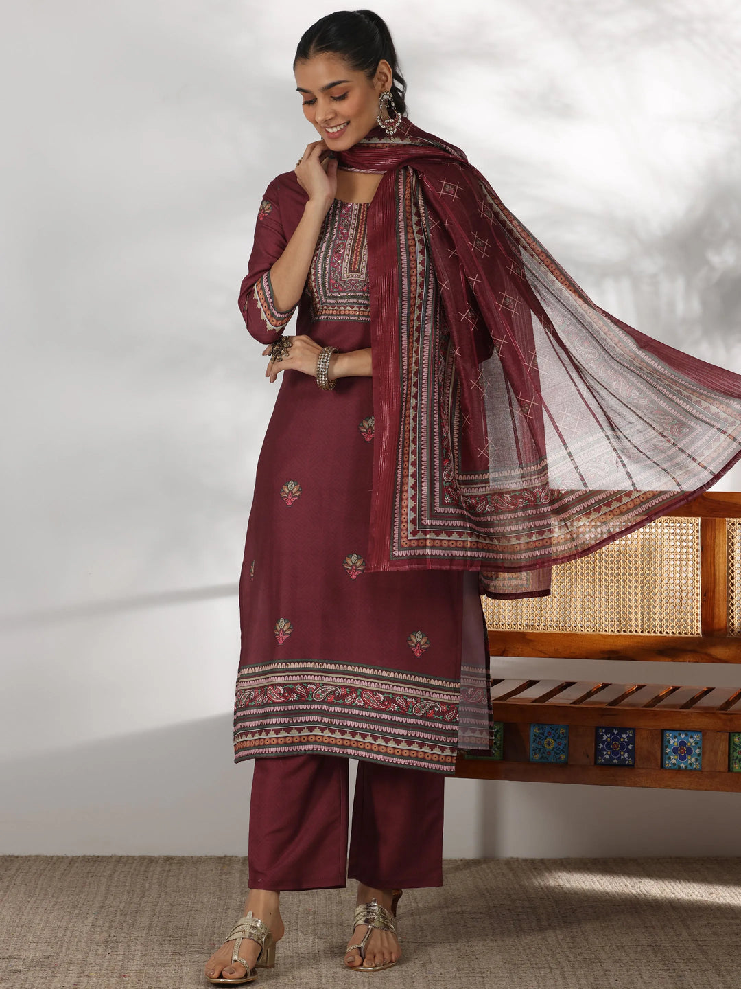  Maroon Printed Silk Blend Straight Suit With Dupatta 