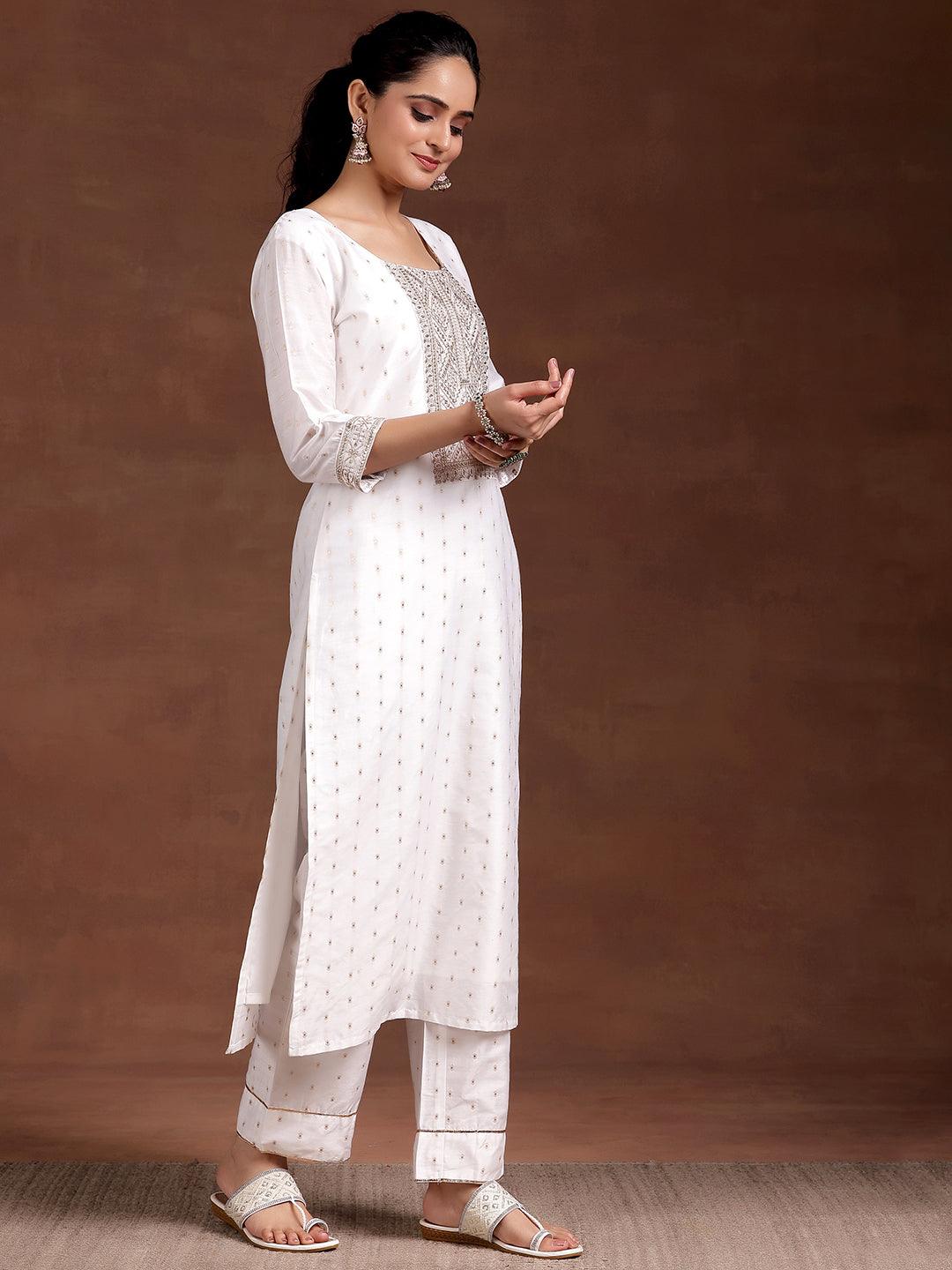 White Yoke Design Silk Blend Straight Suit With Dupatta - Libas 