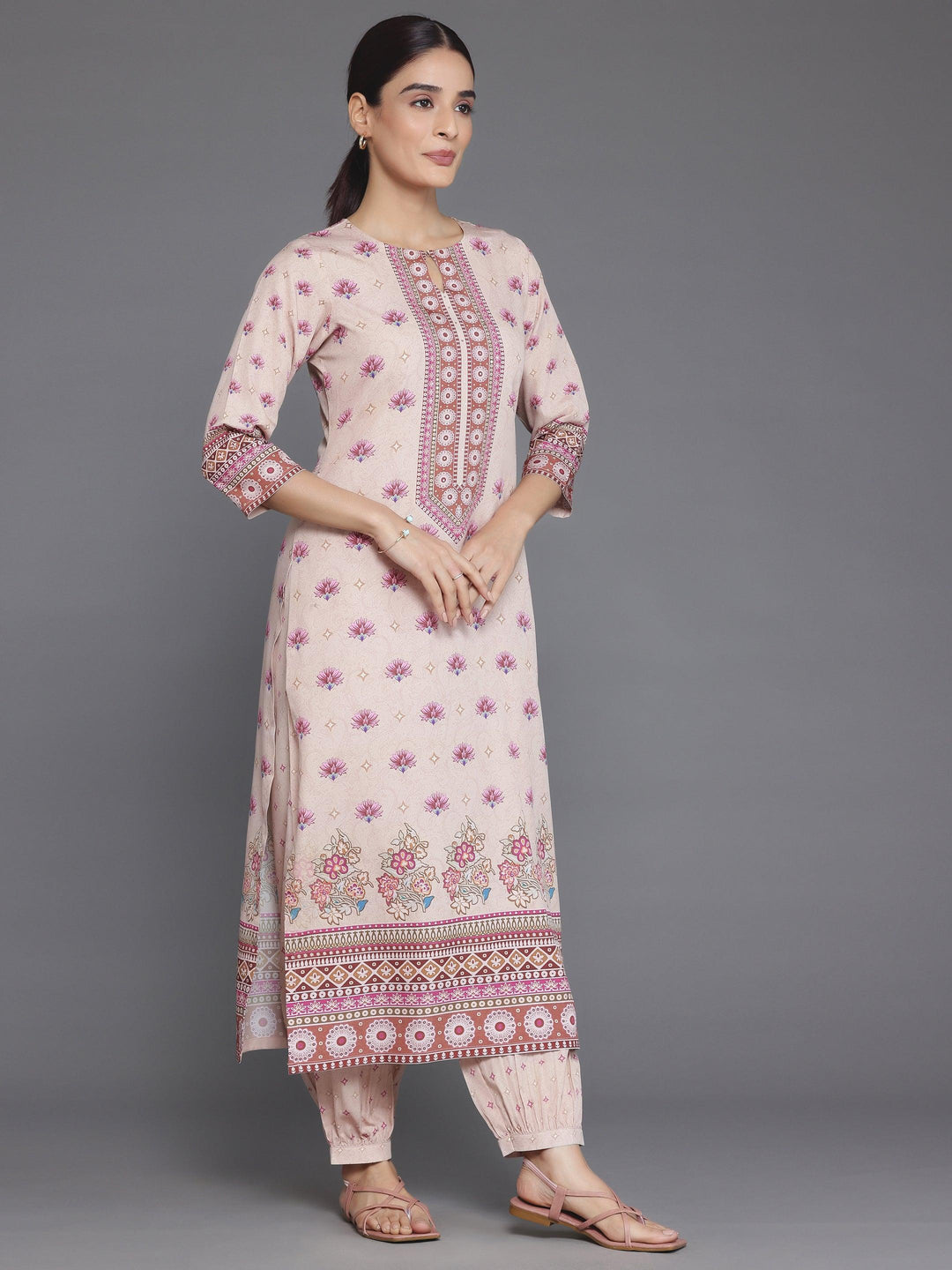 Peach Printed Poly Crepe Straight Suit With Dupatta - Libas 