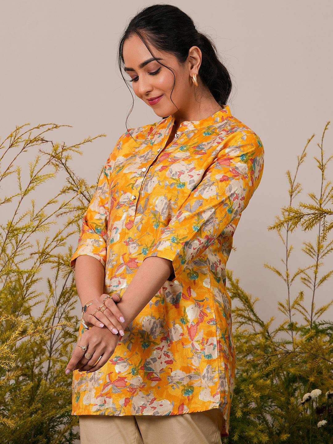 Yellow Printed Silk Blend A-Line Kurti - Libas