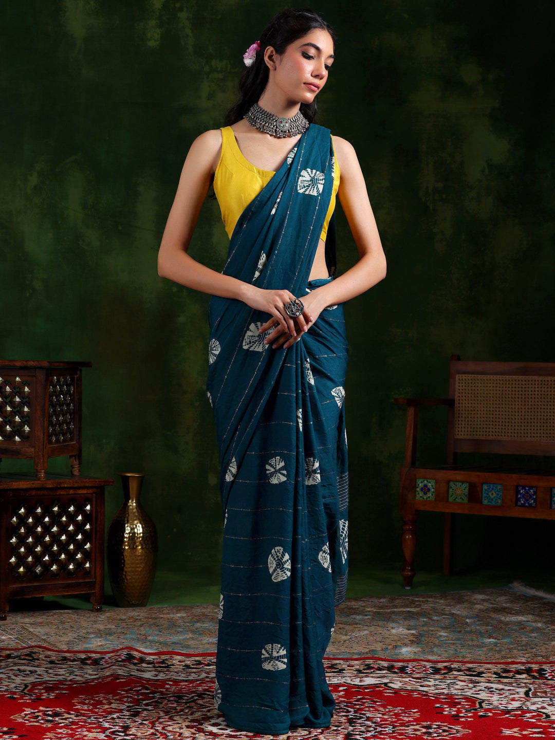 Teal Printed Poly Chiffon Saree With Unstitched Blouse Piece - Libas 