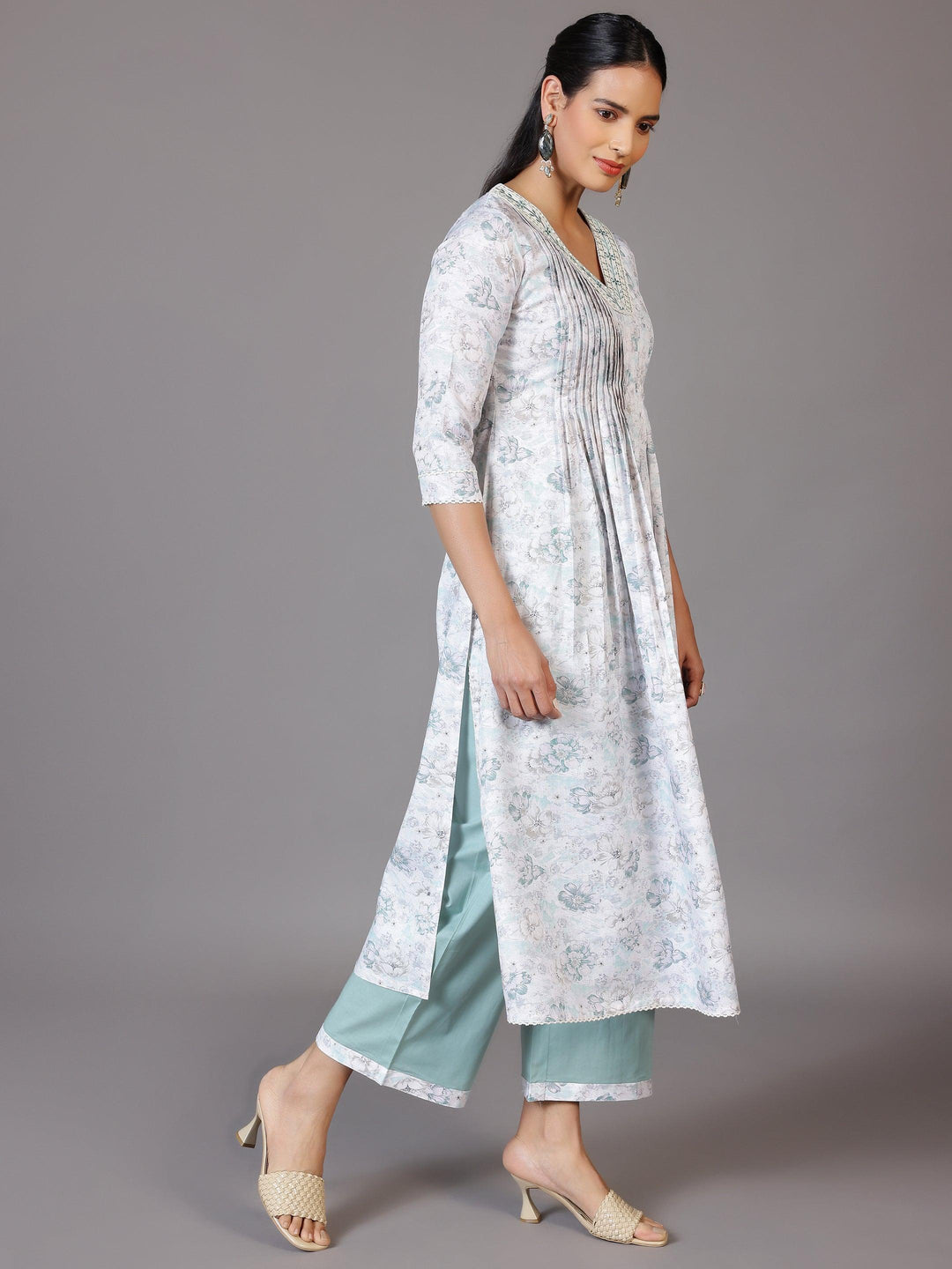 Off White Printed Cotton Blend A-Line Kurta With Palazzos & Dupatta - Libas 