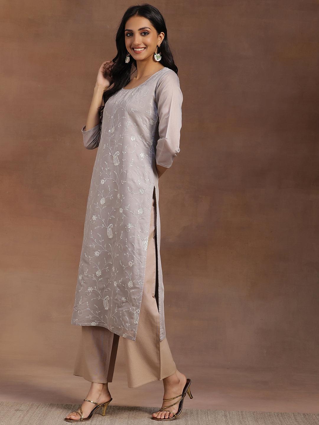 Grey Embroidered Chanderi Silk Straight Kurta - Libas 