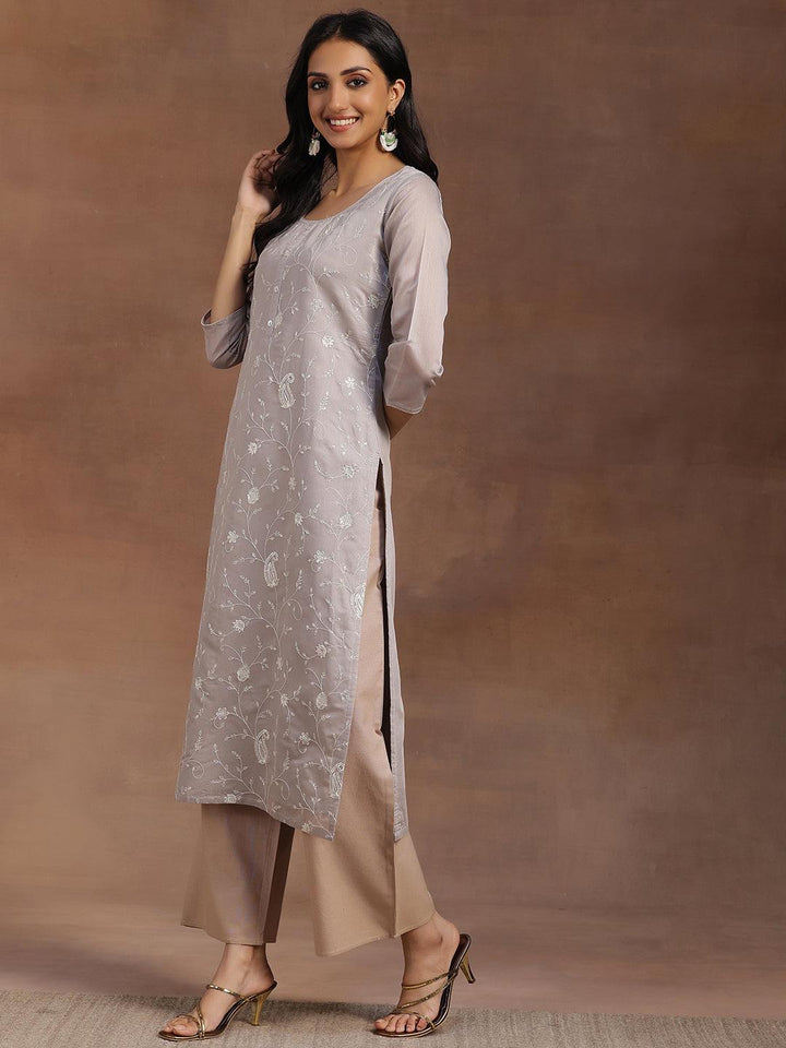 Grey Embroidered Chanderi Silk Straight Kurta - Libas