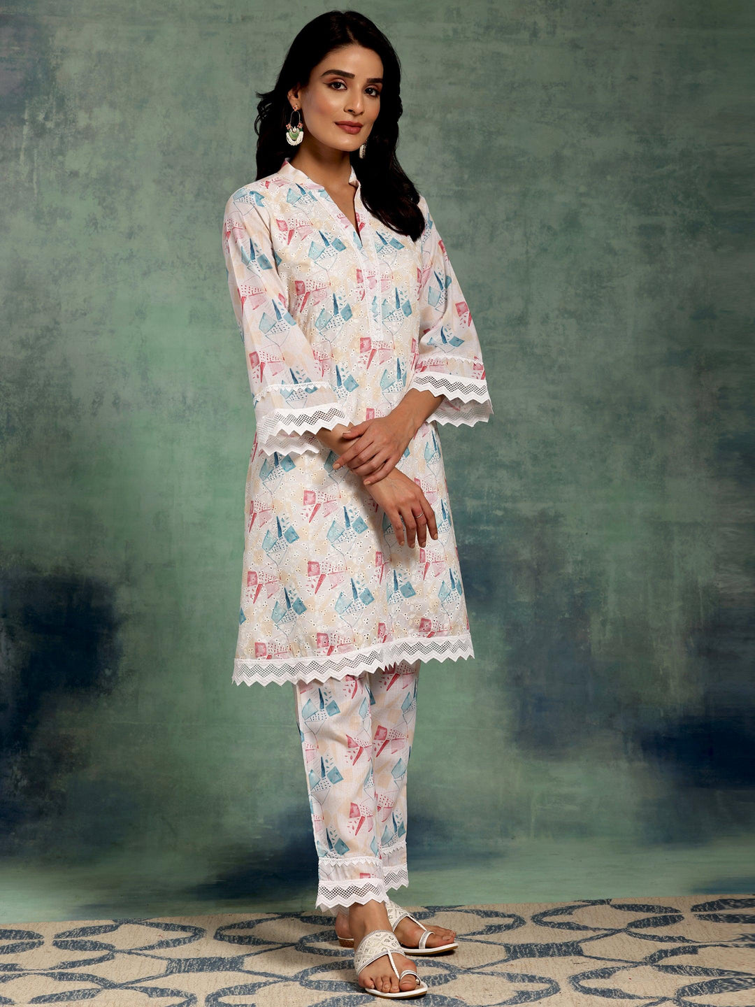 Cream Printed Cotton A-Line Kurta With Trousers - Libas 