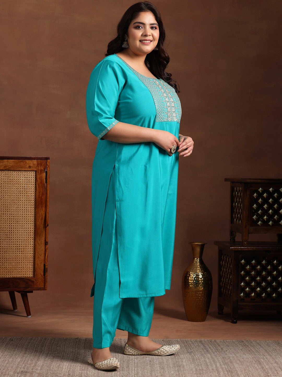 Plus Size Green Yoke Design Silk Blend Straight Suit With Dupatta - Libas 