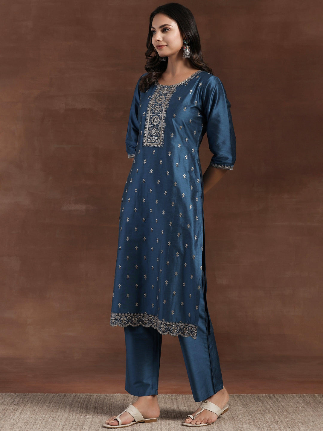 Blue Embroidered Silk Blend Straight Suit With Dupatta - Libas 