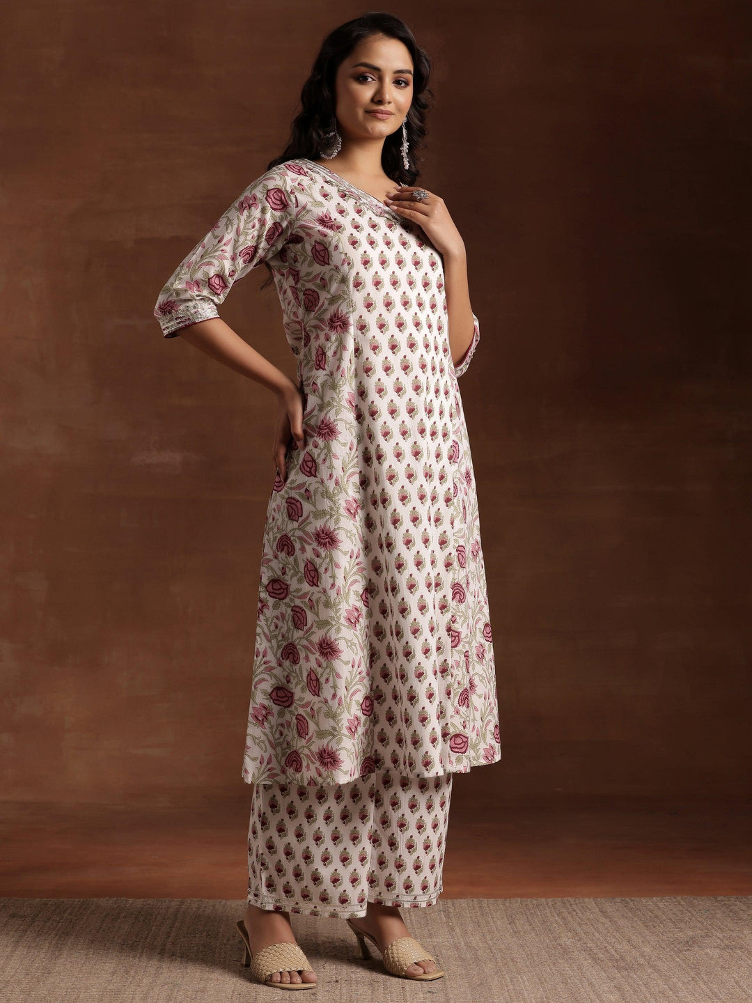 Off white Printed Cotton A-Line Kurta With Palazzos - Libas 