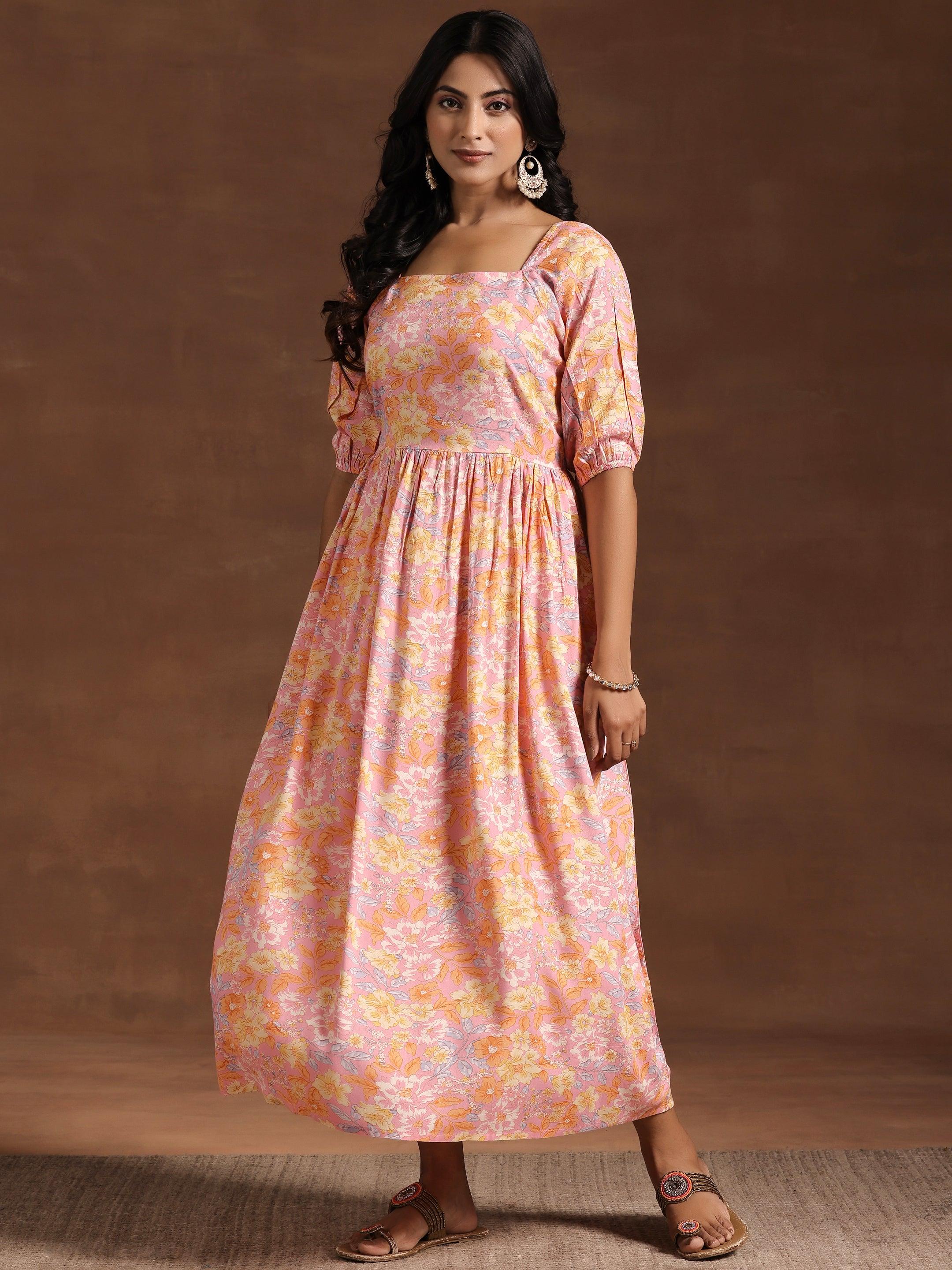 Peach Printed Rayon Fit and Flare Dress