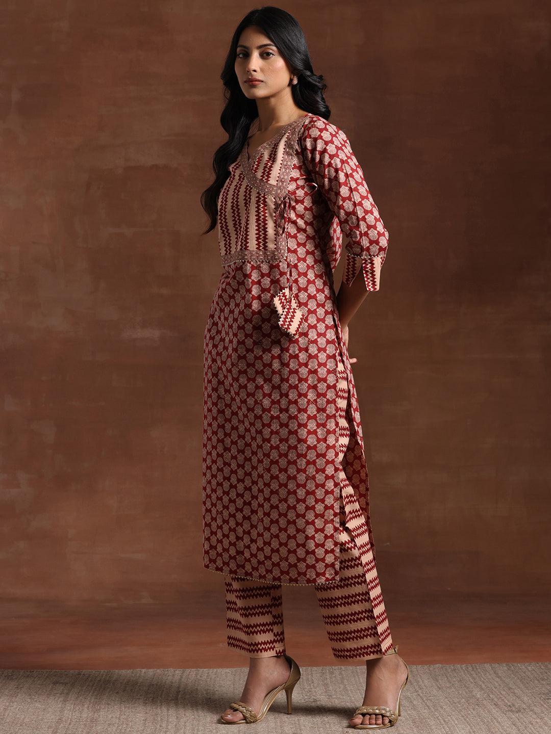 Maroon Printed Cotton Straight Suit With Dupatta - Libas