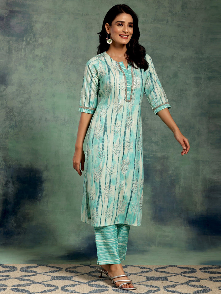 Blue Printed Rayon Straight Kurta Set - Libas