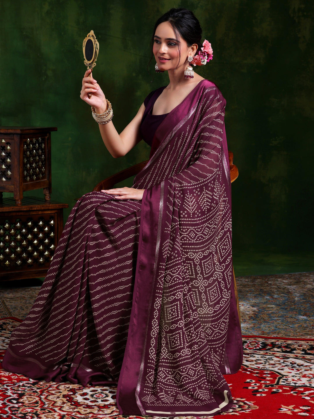 Maroon Printed Satin Saree With Unstitched Blouse Piece - Libas