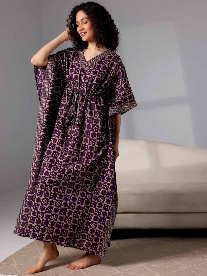 Purple Printed Cotton Kaftan Night Dress - Libas