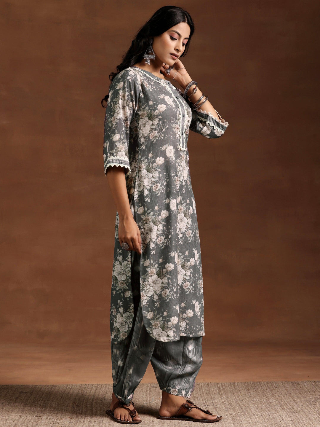 Grey Printed Cotton Straight Suit With Dupatta - Libas 