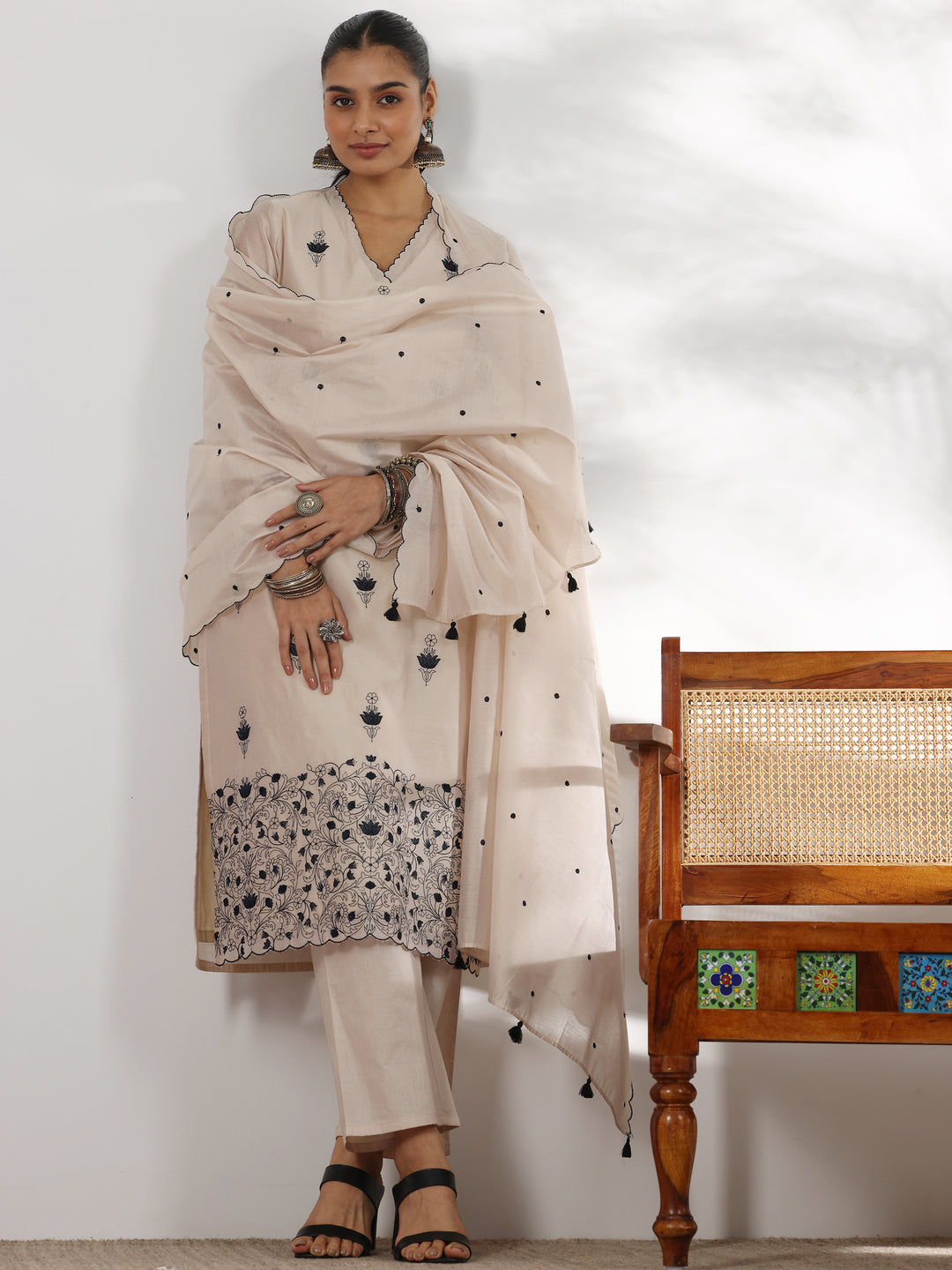 Beige Embroidered Chanderi Silk Straight Suit With Dupatta