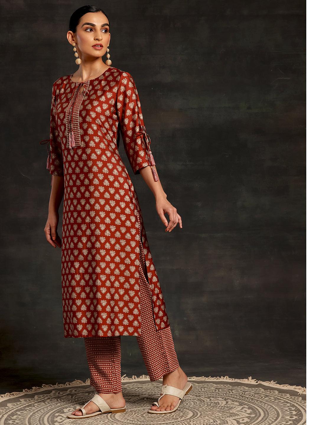 Rust Printed Silk Blend Straight Kurta Set - Libas 