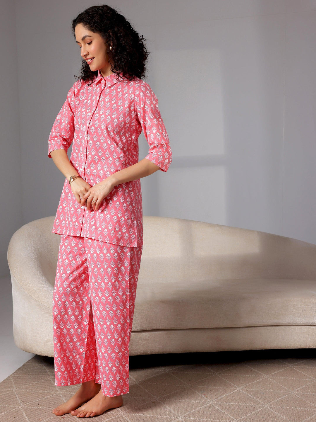 Peach Printed Cotton Night Suits - Libas 