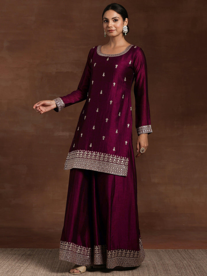 Maroon Embroidered Silk Blend Straight Suit With Dupatta - Libas