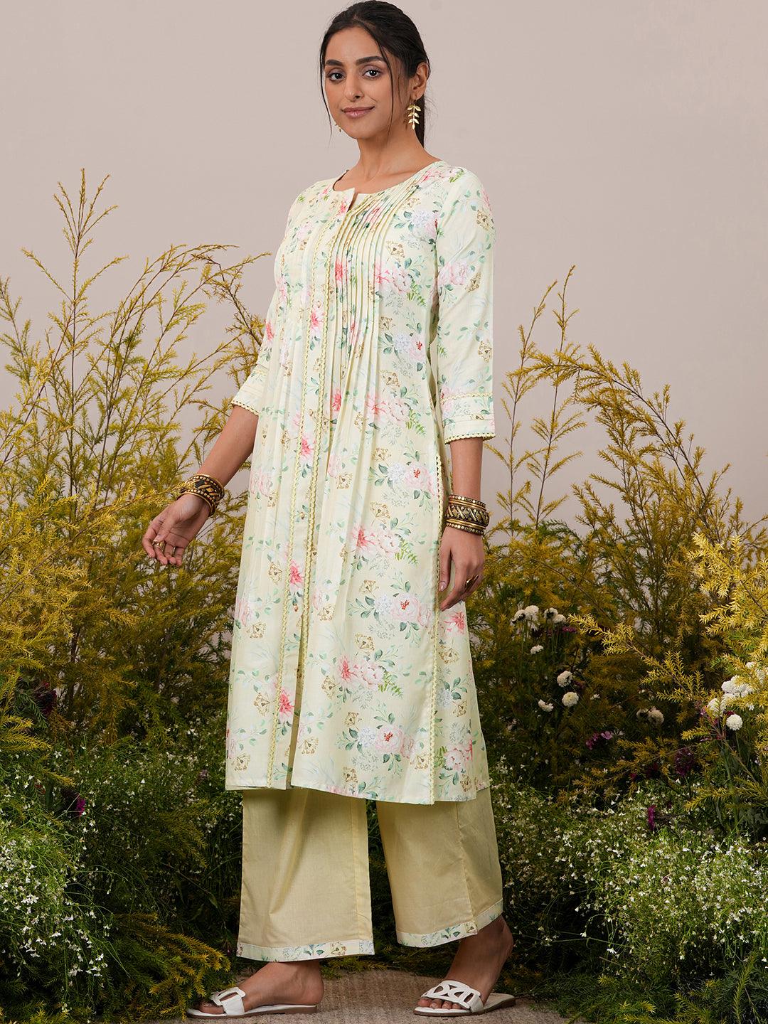 Yellow Printed Cotton Blend A-Line Kurta With Palazzos & Dupatta - Libas 