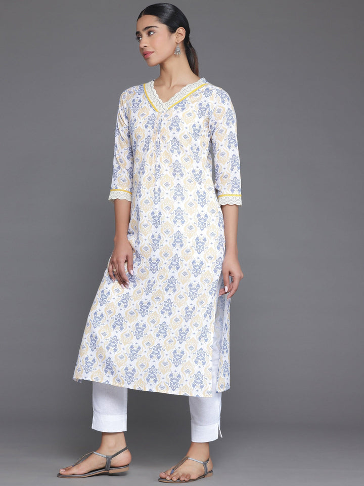 Off White Printed Cotton Straight Kurta - Libas