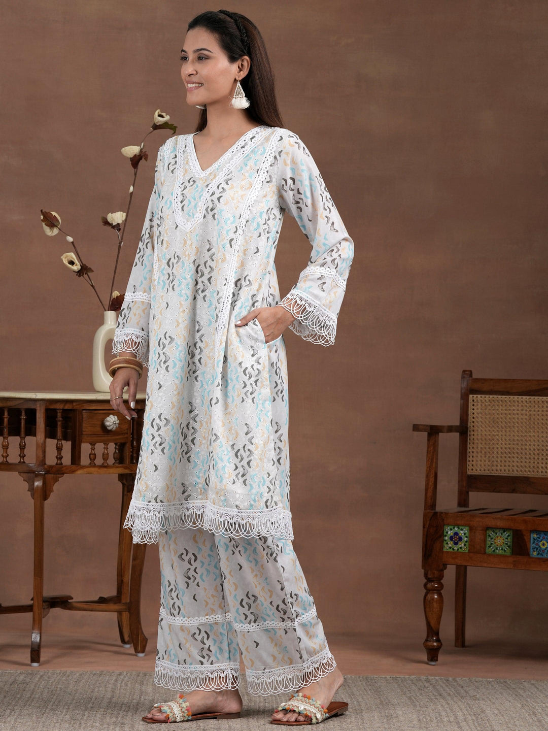 Off white Printed Cotton A-Line Kurta With Palazzos - Libas 