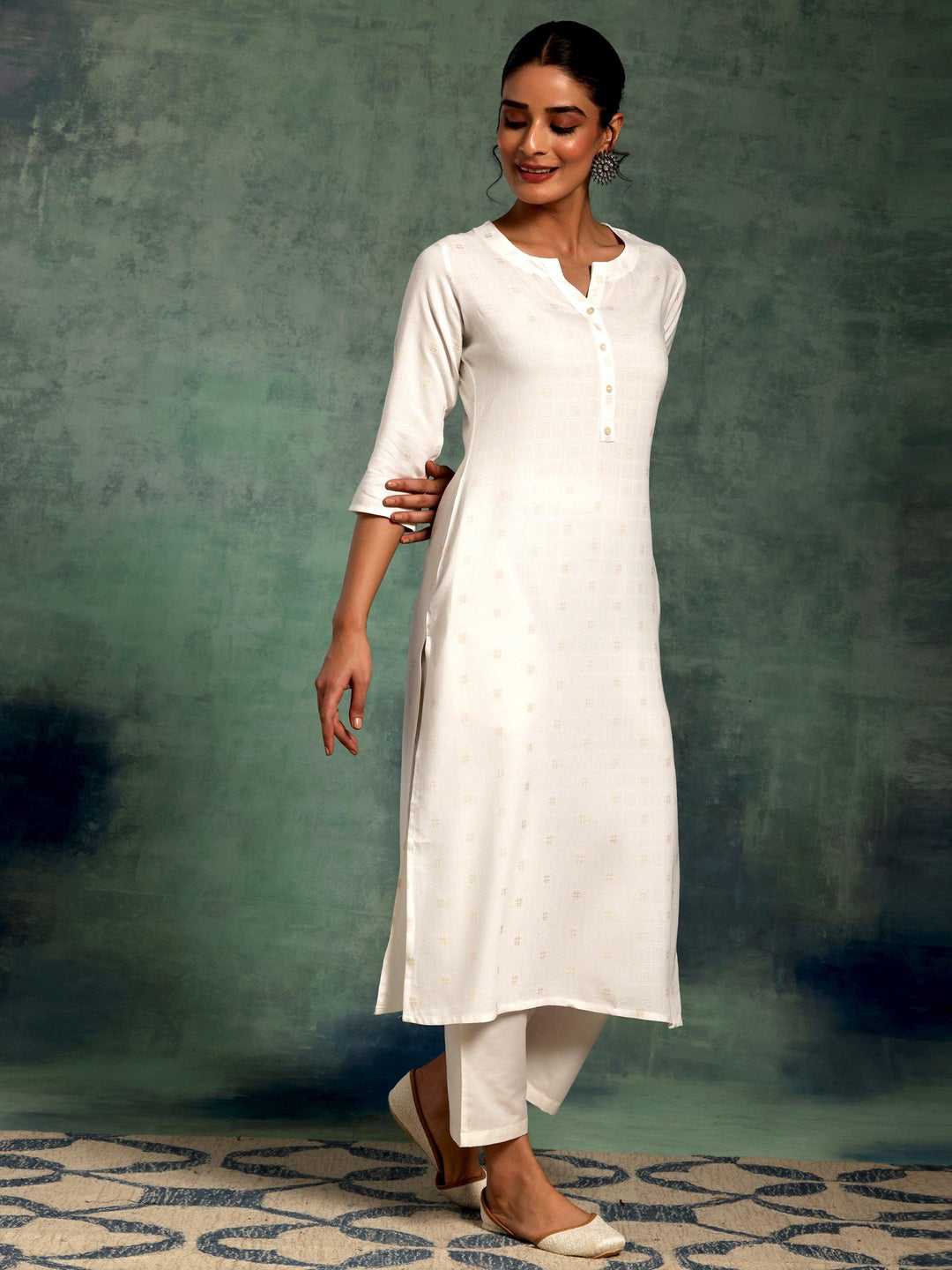 Cream Woven Design Rayon Straight Kurta - Libas 