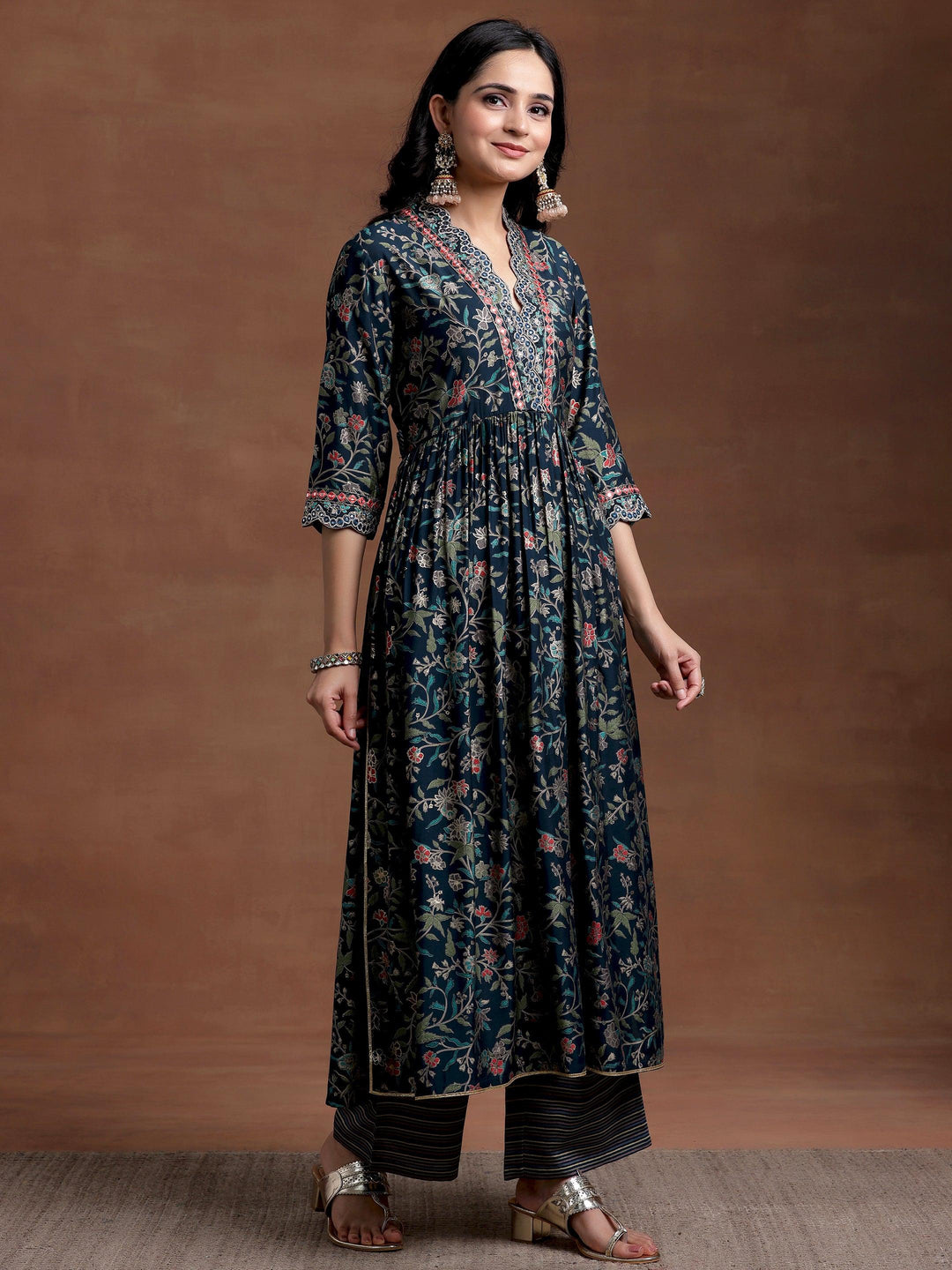 Blue Printed Silk Blend A-Line Kurta With Palazzos & Dupatta - Libas 