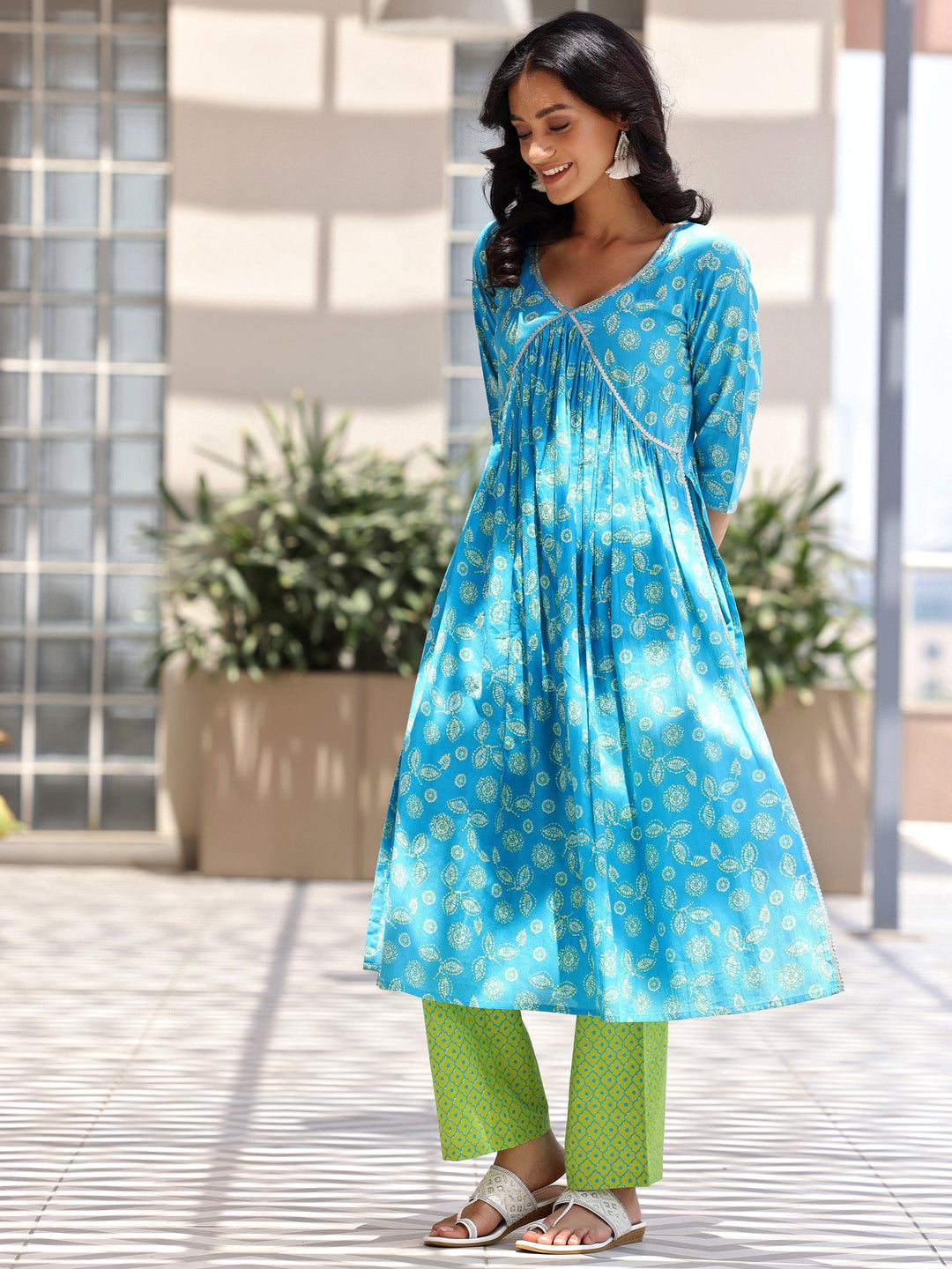 Blue Printed Cotton A-Line Kurta With Palazzos & Dupatta - Libas 